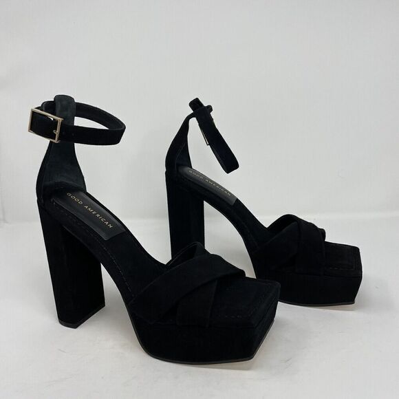 GOOD AMERICAN Description Platform Sandal Womens 9 Black Suede Heels NEW Ankle - Picture 5 of 11